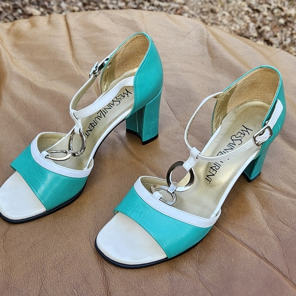 Yves Saint Laurent Shoes - Women's Yves Saint Laurent Turquoise White Leather Sandals Heels Sz 5.5 US